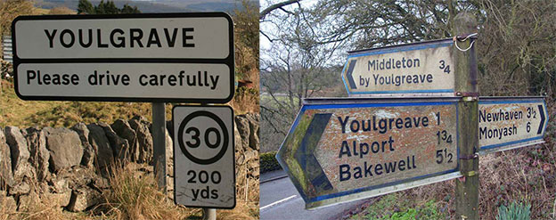 Confusing road signs with spelling of village name differring between locally favoured Youlgrave spelt y o u l g r a v e and Ordnance Survey Youlgreave version spelt y o u l g r e a v e