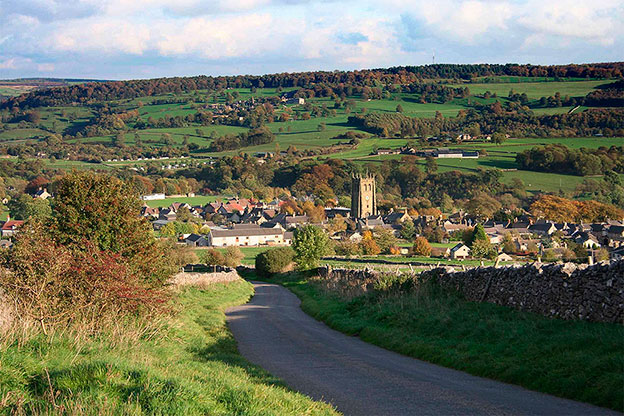 View of village from a hill with normal church