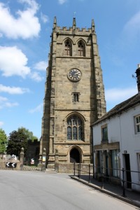 View of the church tower from the road outside.