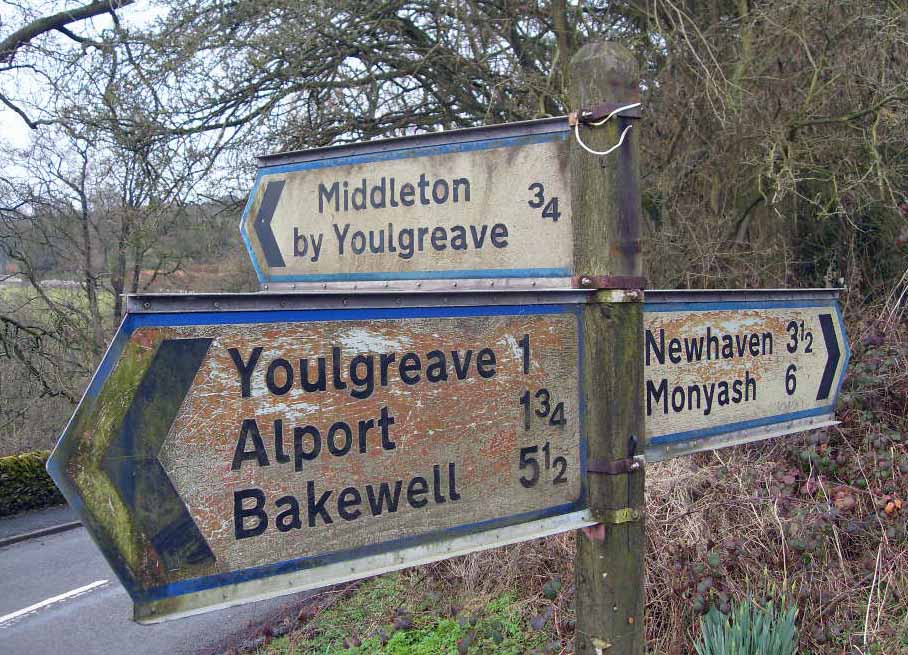 Road signs pointing to the village of 'Youlgreave''