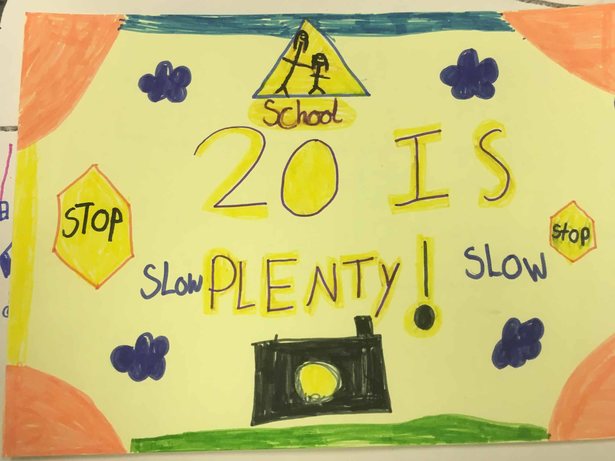 A child's drawing of a road sign reading 'School 20 is plenty!'
