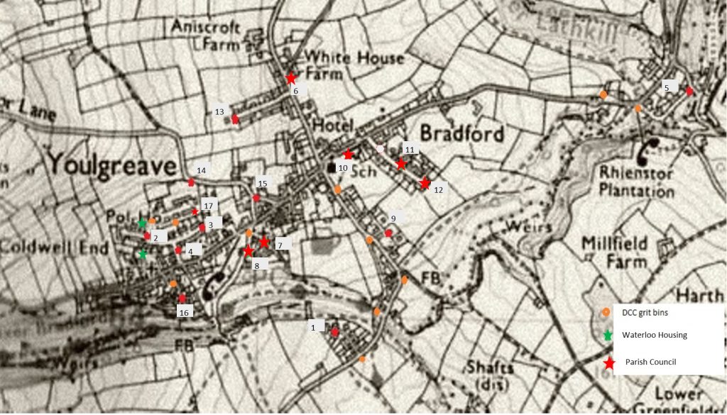 A map of Youlgrave with grit bin location marked on.